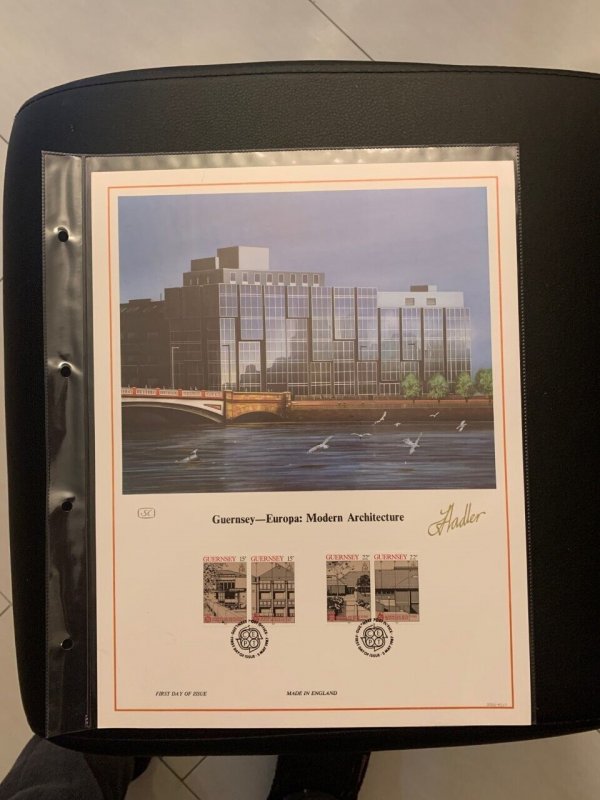 1987 Guernsey Europa modern architecture FDC panel, big size with plastic holder 
