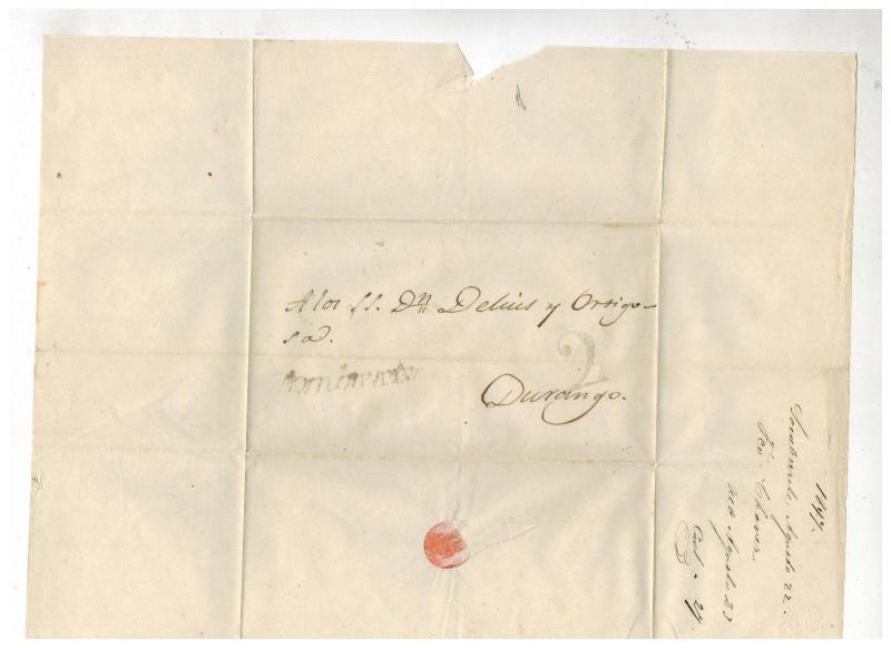 1847 Mexico Stampless Letter sheet Cover to Durango