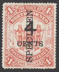 North Borneo Sc# 74 MH SPECIMEN 1895 4c on $1 Coat of Arms