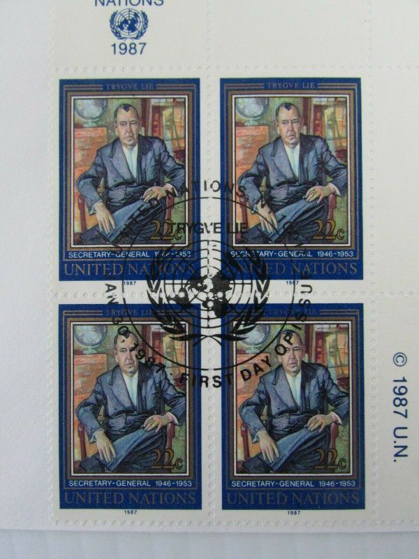 1987 UN 3 signed Trygve Lie FDC's Secretary General  CDS corner blocks