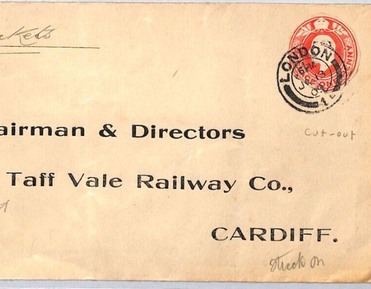 GB WALES Cover *TAFF VALE RAILWAY* Cardiff 1909 KEVII 1d Stationery CUT-OUT ZR25