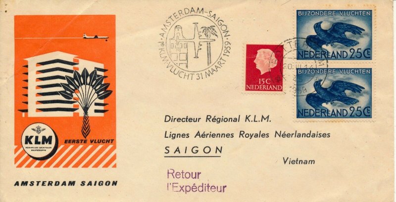 NETHERLAND  1959 1st FLIGHT KLM AMSTERDAM - SAIGON