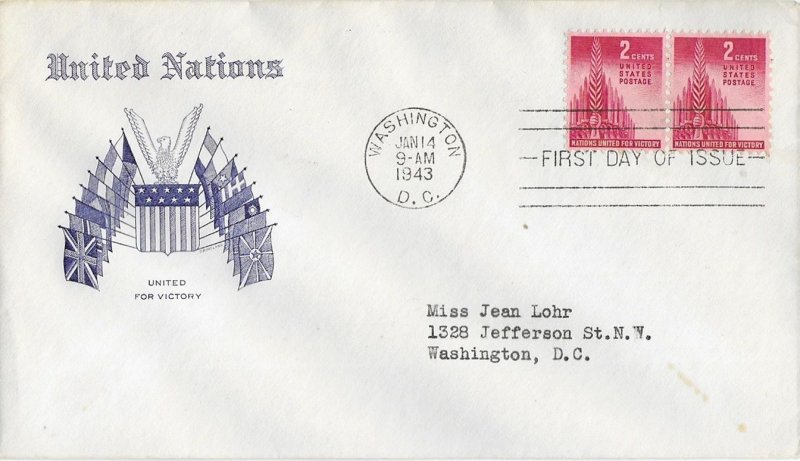 1943 FDC, #907, 2c Nations United, Grimsland, pair