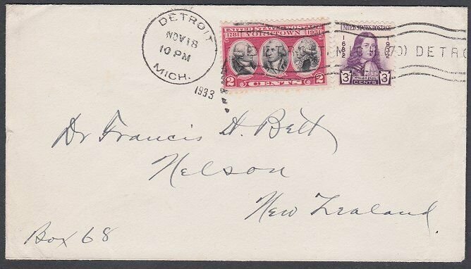 USA 1933 cover Detroit to New Zealand - 5c rate.............................J873