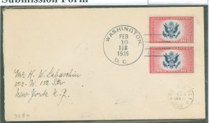 US CE2 1936 FDC - 16c Airmail Special Delivery Bi-color pair (great seal) on an uncacheted FDC