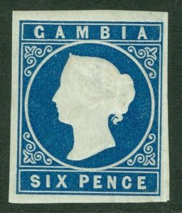 SG 8 Gambia 1874. 6d blue. Fine mounted mint. 4 fine margins CAT £350