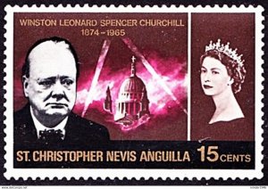 ST CHRISTOPHER NEVIS & ANGUILLA 1966 QEII 15c Brown, Churchill Commemorative ...