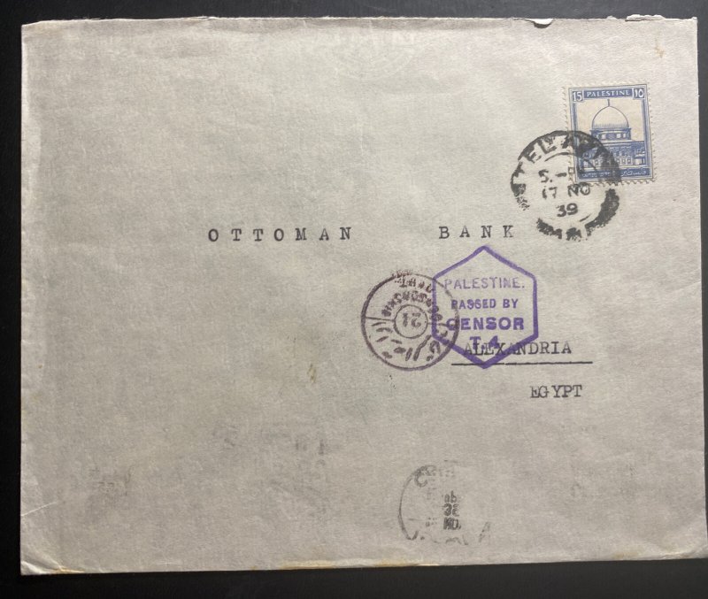 1939 Tel Aviv Palestine Airmail Censored Cover To Ottoman Bank Alexandria Egypt 