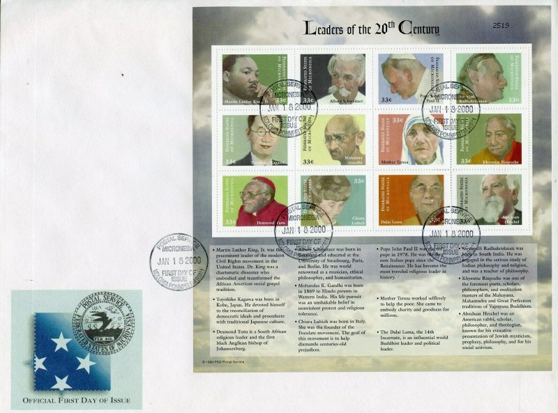 MICRONESIA 2000 LEADERS OF 20th CENTURY GANDHI POPE JPII ML KING JR SHEET FDC