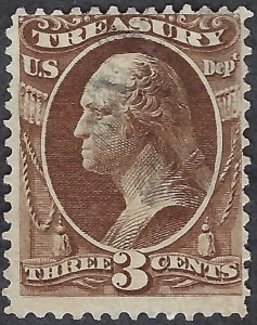 United States #O74 3¢ Washington. Treasury Dept. (1873). Good centering. Used.