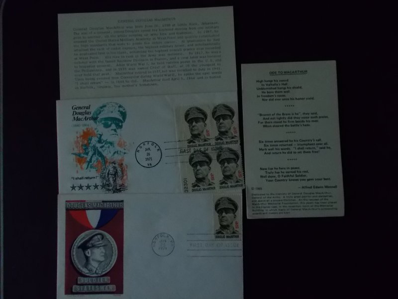 10 MACARTHUR FDC's, PAMPHLETS, POEM & NEWSPAPER CLIPPING