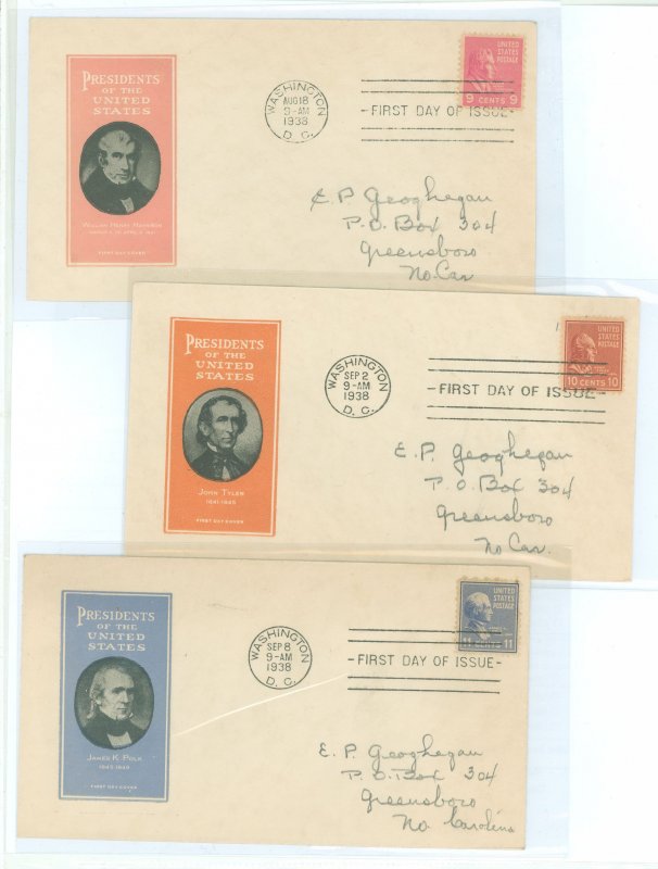 US 814-6 Three first day covers from the 1938 presidential series (9c Harrison, 10c Tyler + 11c Polk) with matching Ioor cachets