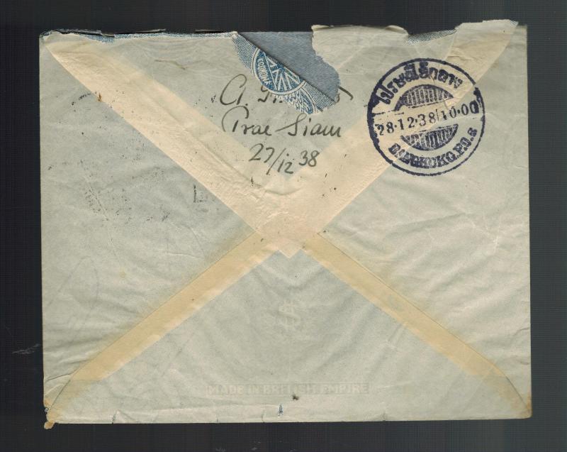 1938 Bangkok Thailand Airmail Cover to Copenhagen Denmark