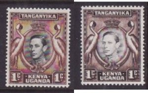 Kenya Uganda Tanganyika-Sc#66- id9-two unused shades og NH 1c KGVI-Birds-1942-an