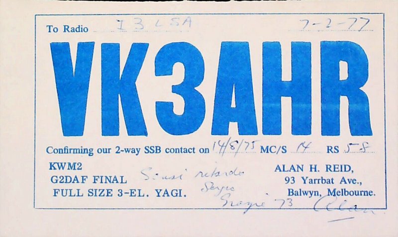 BALWYN MELBOURNE Australia 1975 Amateur Radio QSL Card 16580