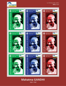 BENIN 2021 - SHEETLET 9v - JOINT ISSUE - MAHATMA GANDHI 150 ANNIV. - RARE MNH-