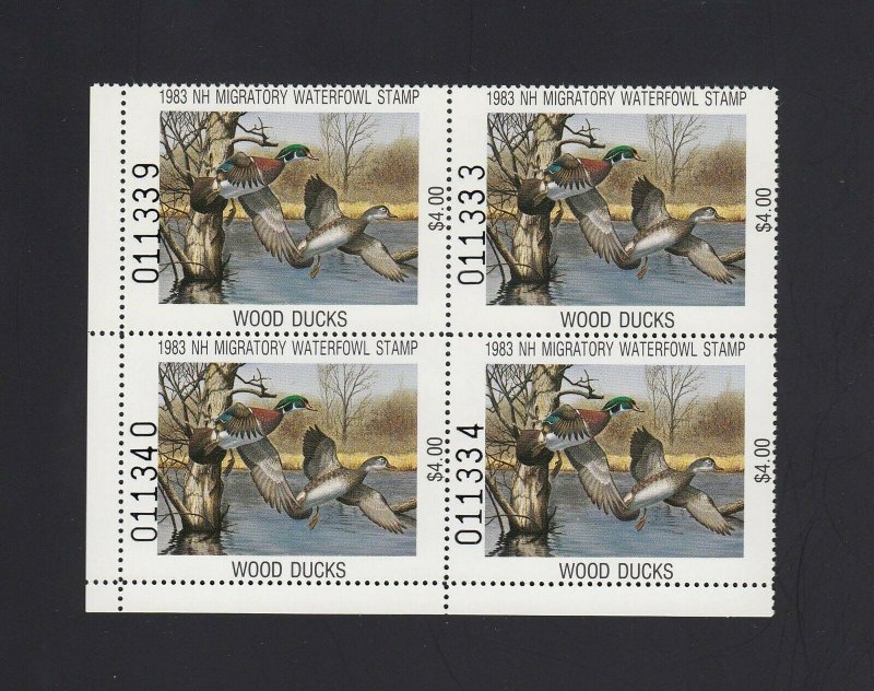 NEW HAMPSHIRE: #NH1 1983 $4.00 Wood Ducks Block of 4, MNH, Cat $440.00