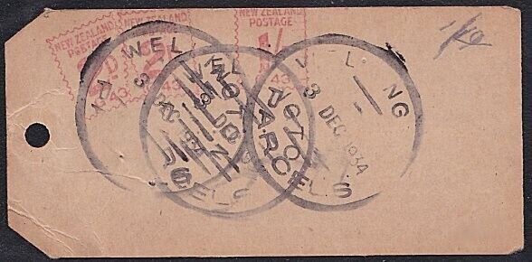 NEW ZEALAND 1934 1/- & 2d(2) Paid red meter on parcel tag ex Wellington...A6936