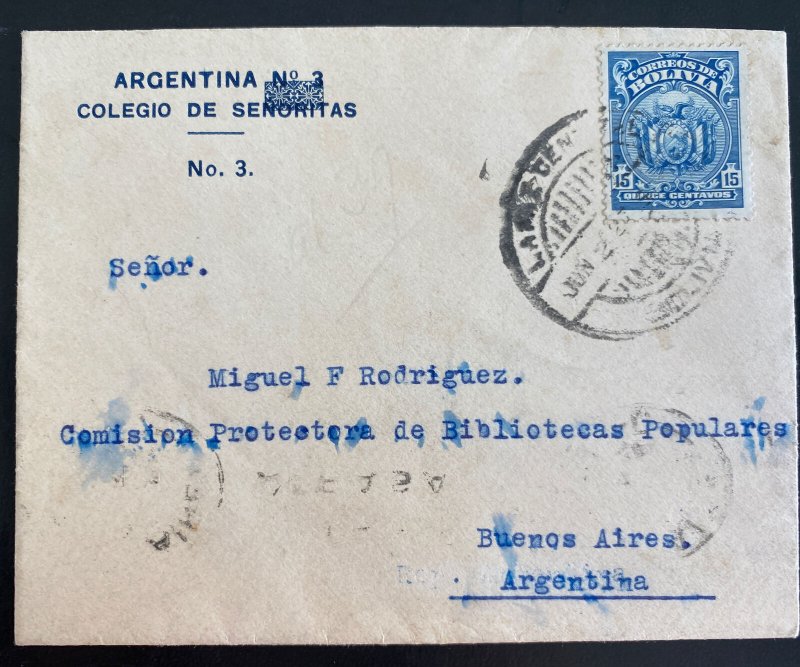 1927 La Paz Bolivia College For Ladies Cover To Buenos Aires Argentina Delay Tra