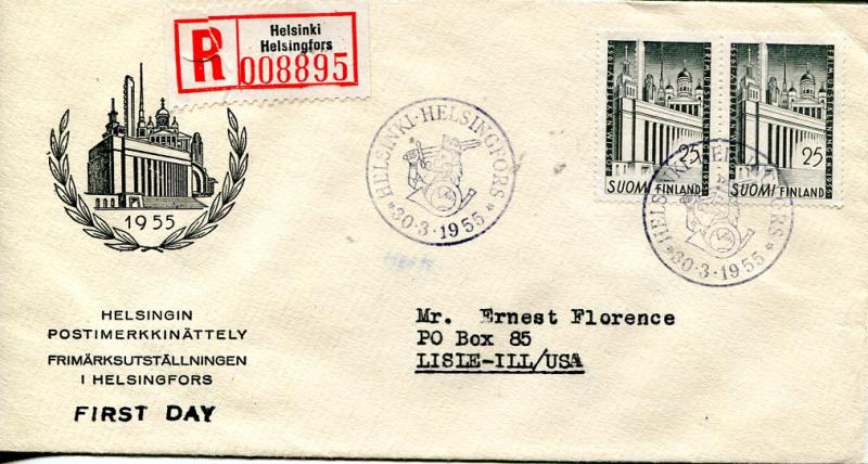 Finland scarce 1955  Registered Frst Day cover to USA B/S   VF