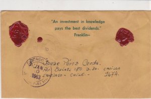 Chile 1963 Santiago Cancel Wax Seal Back Airmail 2xStamps Cover to USA Ref 25532