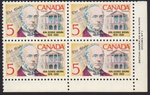 HISTORY = GEORGE BROWN = CANADA 1968 #484 MNH LR Block of 4 Plate-1