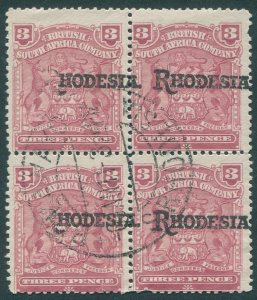 Rhodesia 1909 3d claret SG104 CTO block x4