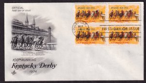 1974 Horse Racing Louisville KY Sc 1528 FDC with ArtCraft cachet block of 4