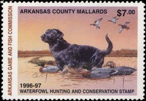 ARKANSAS #16 1996 STATE DUCK  STAMP MALLARDS BLACK LAB  by Phillip Crowe