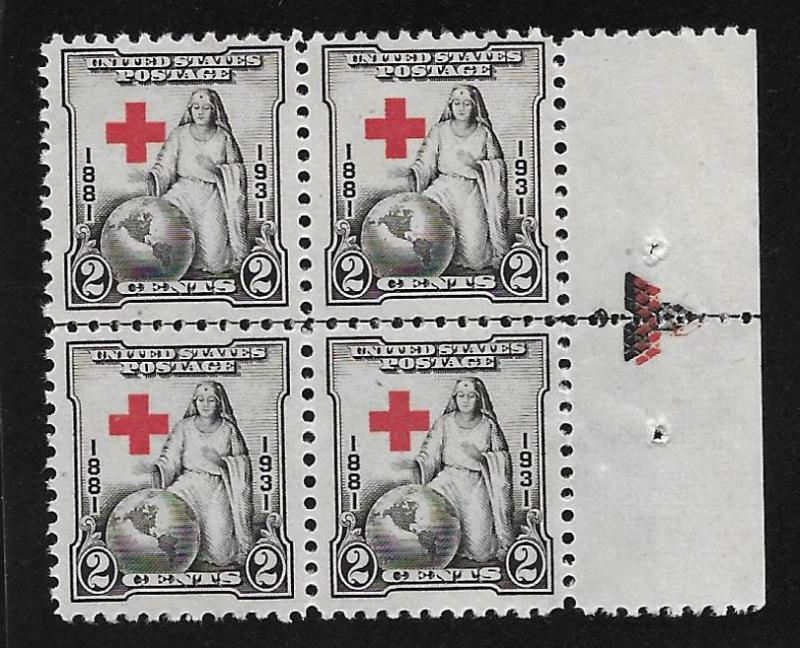 SC# 702 - (2c) - Red Cross block/4 - arrow at right, MNH single disturbed gum