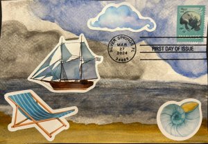 2024 Save Manatees FDC Atlantic Ocean Watercolor Painted Added Beach Stickers