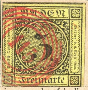 Germany States BADEN Classic 3kr (1851) Rastatt *115* RED Numeral Used ORANGE345