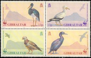 Gibraltar #594a, Complete Set, Block of 4, 1991, Birds, World Wildlife Fund, ...