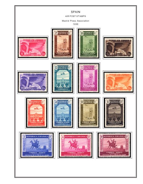 COLOR PRINTED SPAIN AIRMAIL 1920-1983 STAMP ALBUM PAGES (20 illustrated pages)