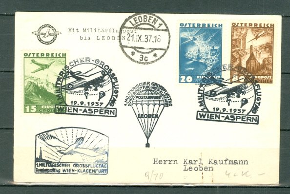 AUSTRIA 1937... #C34-35 & #C41 on MILITARY AIR CARD VIENNA - ASPEN...NICE CACHET