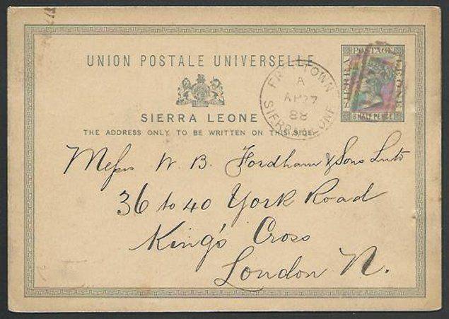 SIERRA LEONE 1888 QV 1½d postcard used, B31 cancel in red, to UK...........57009