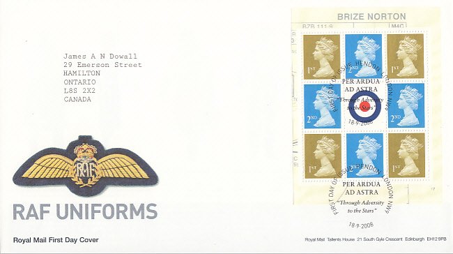 Great Britain 2008 FDC Sc #MH287h Pane of 8 plus label RAF Uniforms