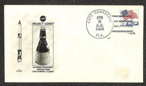 USA 1208 STAMP CAPE CANAVERAL FLORIDA PROJECT GEMINI NASA COVER APRIL 8, 1964