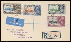 GOLD COAST 1936 Registered cover franked KGV Silver Jubilee set. To London