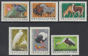 XG-E511 WILD ANIMALS 1968 - Russia, Birds, Zebra, 6 Value...