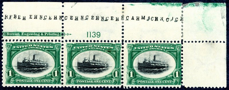 US #294 1901 1c Pan-American.  Strip of 3.  MNH. H on selvage. OG. F. Seps.