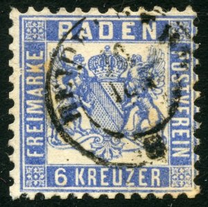 Baden-Germany Scott 22 UVLH - 1865 6kr Ultramarine Coat of Arms - SCV $27.50