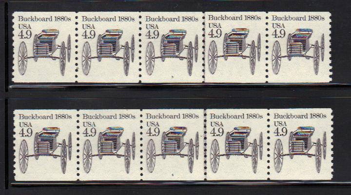 #2124 MNH strip of 5  #3&4  Buckboard 4.9c  1985-87 Issue