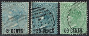 MAURITIUS 1878 QV DECIMAL SURCHARGE 8C 25C AND 50C USED