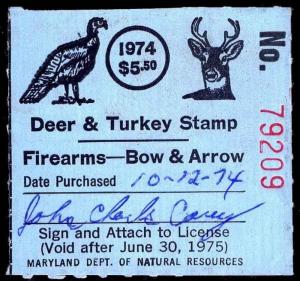 1974 MARYLAND WHITE TAIL DEER TURKEY STAMP  USED - VF - $40.00  (ESP#3987)