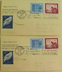 UN NY POSTAL CARD TO GENEVA & RETURN 2 DIFF 1960