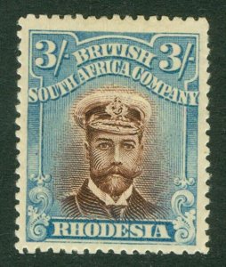 SG 250 Rhodesia 1913-22. 3/- chocolate & blue. Very lightly mounted mint...