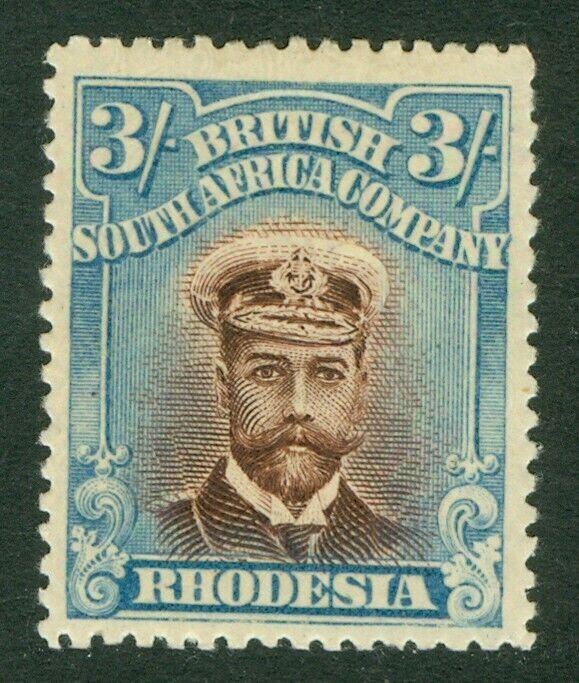 SG 250 Rhodesia 1913-22. 3/- chocolate & blue. Very lightly mounted mint...