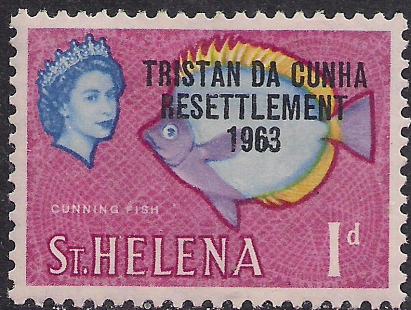 Tristan Da Cunha 1963 QE2 1d Cunning Fish Ovpt Resettlement MM SG 55 ( H1359 )