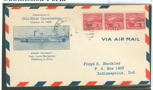 US 681 1929 2c Ohio River Canalization (strip of three) on an addressed first day cover with an unofficial Pitts & St. Louis RPO